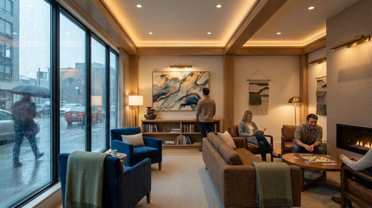 Salon moderne et confortable avec grandes fenêtres donnant sur une rue pluvieuse. Des personnes se détendent, lisent et jouent.