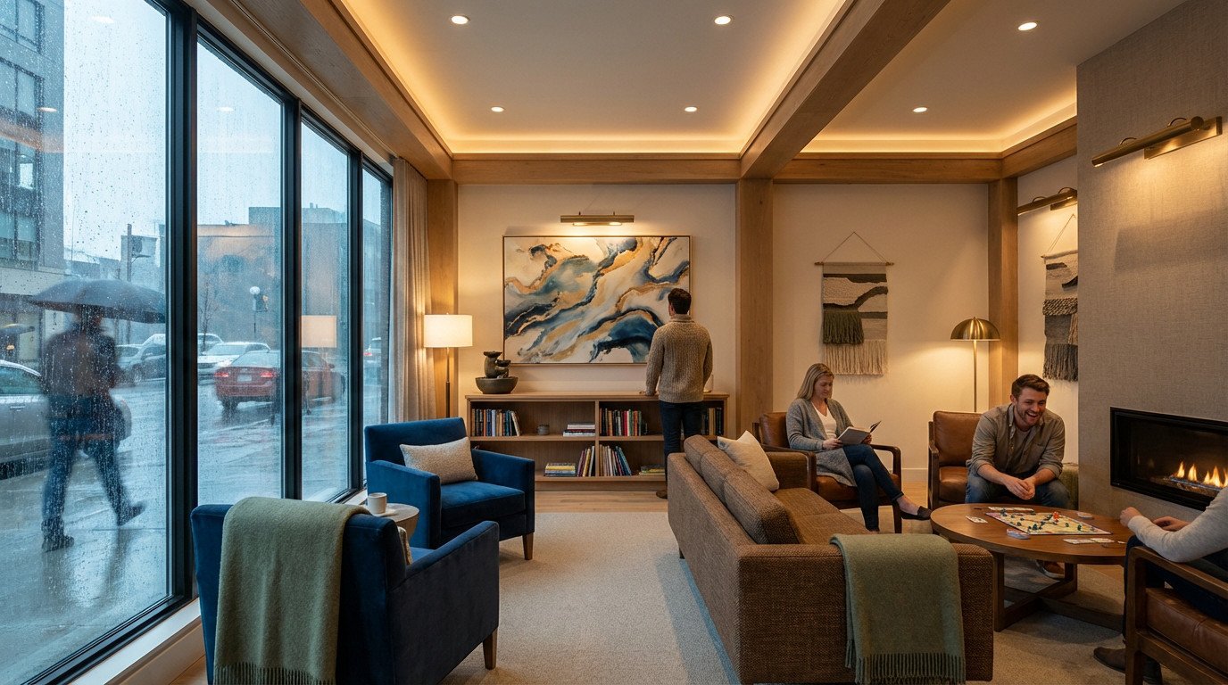 Salon moderne et confortable avec grandes fenêtres donnant sur une rue pluvieuse. Des personnes se détendent, lisent et jouent.