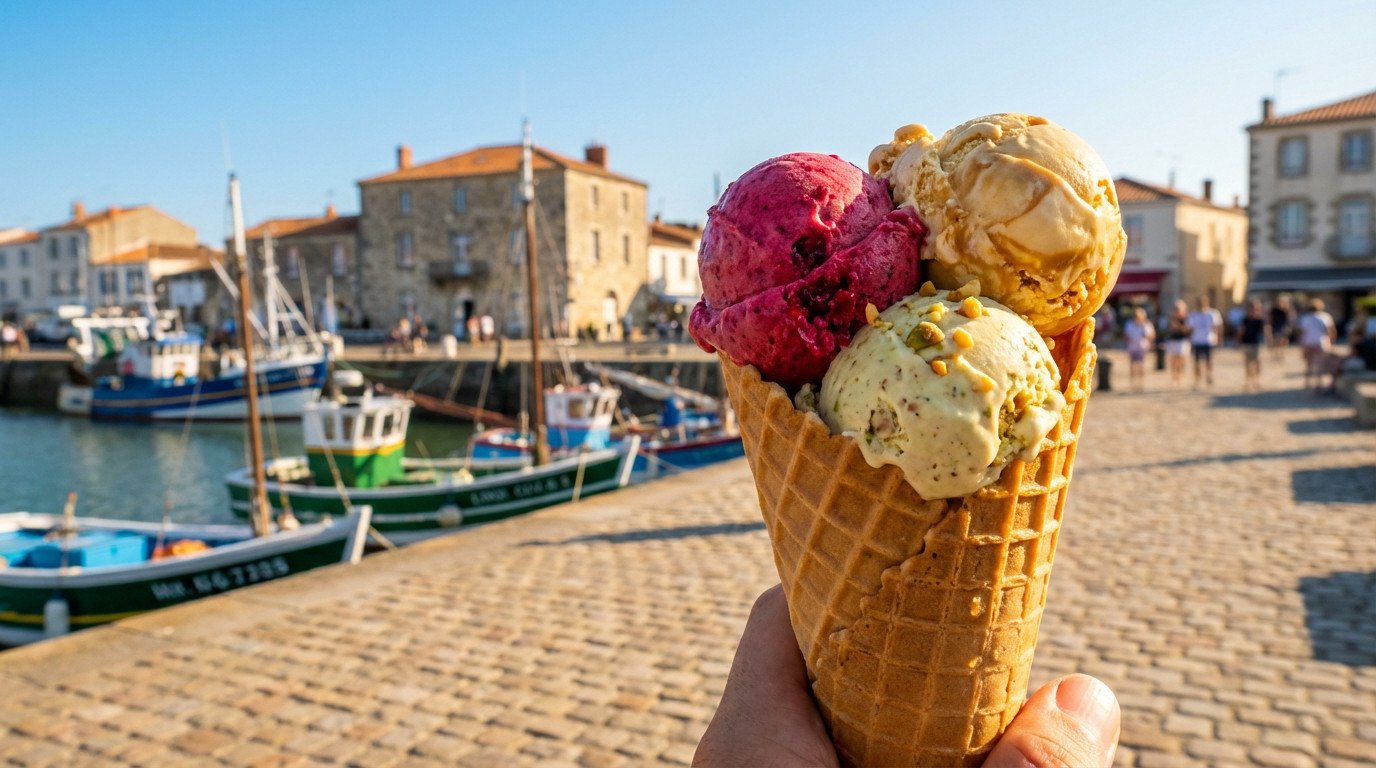 Main tenant un cornet de glace triple saveur (framboise, caramel, pistache) devant un port animé et ensoleillé des Sables d'Olonne.