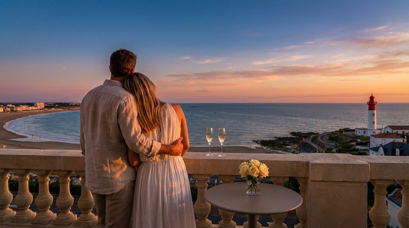 Couple enlacé sur un balcon, admirant un coucher de soleil sur les Sables d'Olonne, avec phare, plage et coupes de champagne.