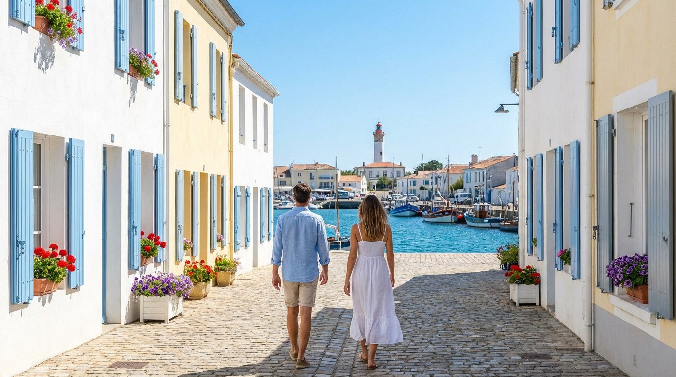 Couple sur une rue pavée, longeant des maisons colorées aux volets bleus fleuris, avançant vers un port avec des bateaux et un phare sous ciel bleu.