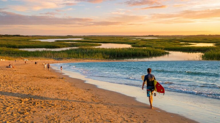 Un surfeur marche sur une plage de sable fin au coucher du soleil, bordée par des marais salants et la mer.