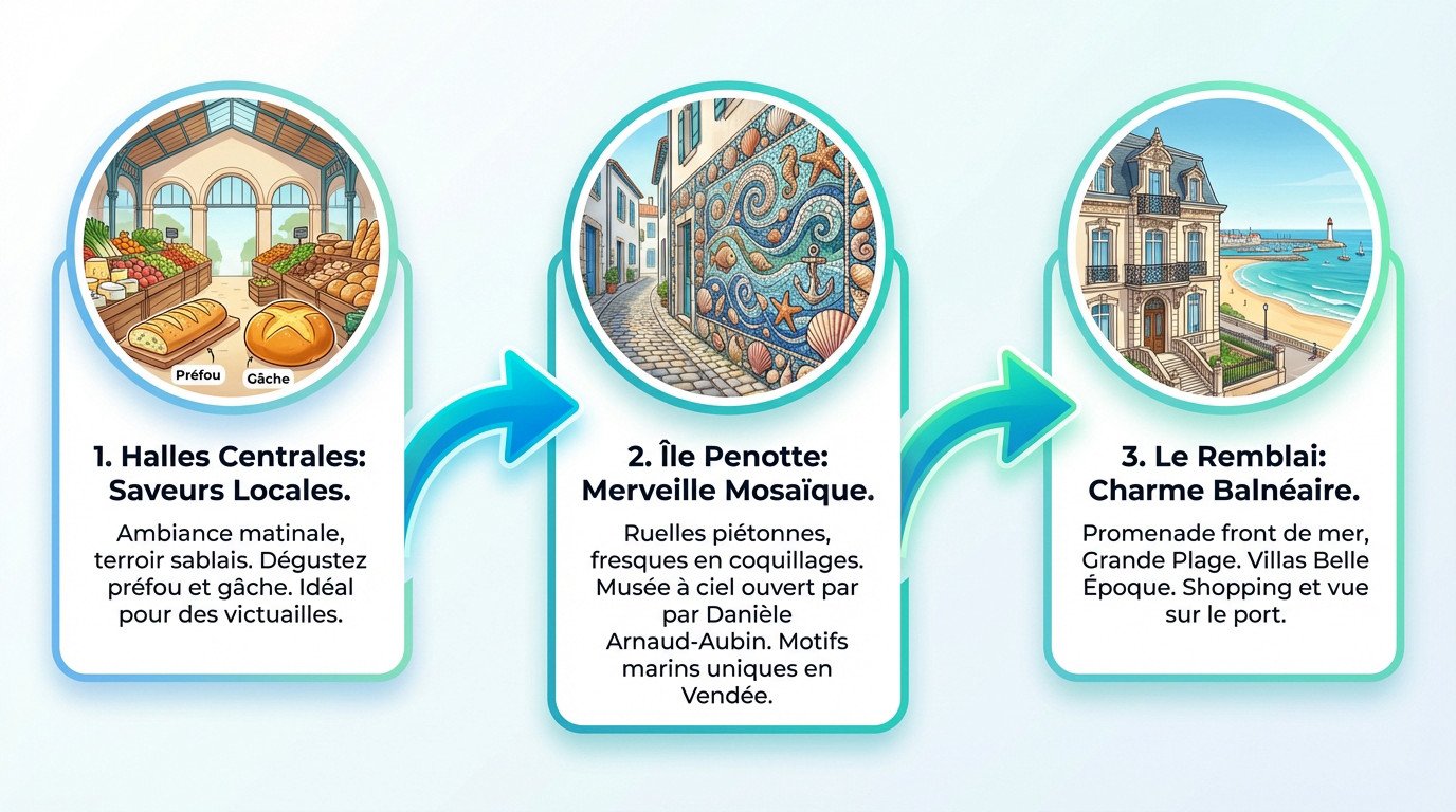 Itinéraire de visite à pied aux Sables d'Olonne passant par les halles et le remblai