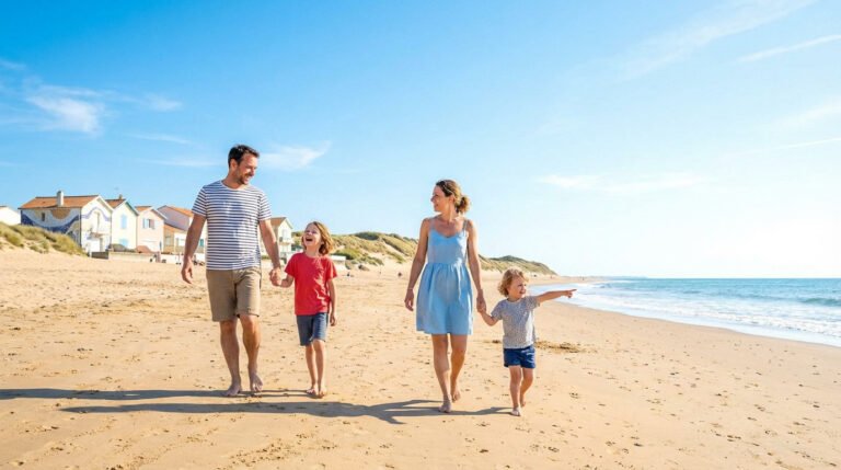 Famille heureuse, parents et deux enfants, marchant pieds nus sur une plage de sable fin près de maisons colorées sous un ciel bleu.
