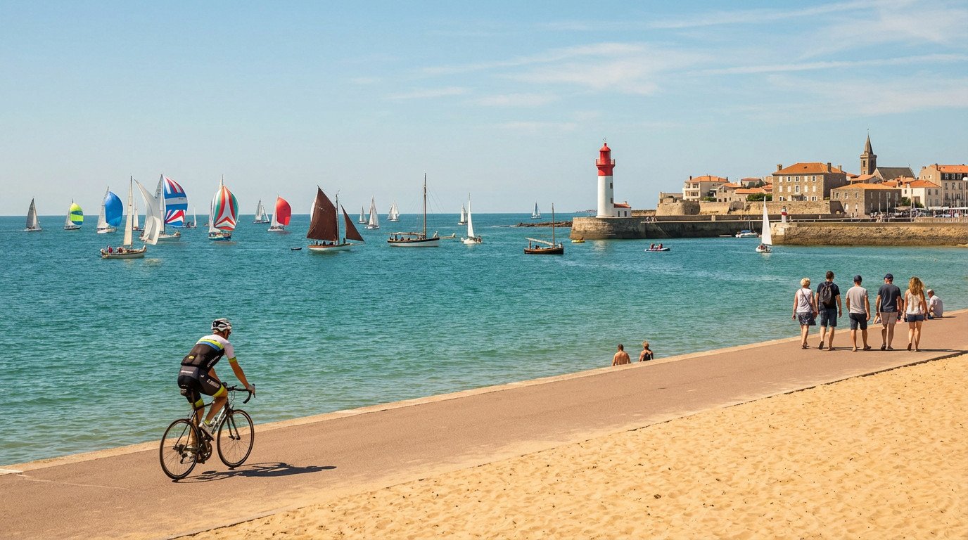 Vue des Sables d'Olonne : mer turquoise, nombreux voiliers, phare, vieille ville. Cycliste et piétons sur le chemin côtier.