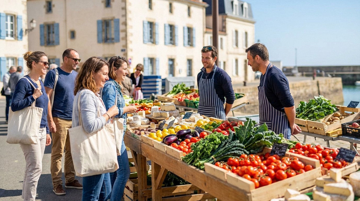 Scène de marché en plein air aux Sables d'Olonne : clients souriants, vendeurs, étals de fruits, légumes frais, fromages. Bâtiments et port en fond.