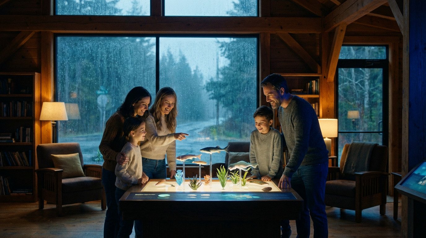 Famille heureuse devant un aquarium interactif par temps pluvieux. Deux adultes et deux enfants découvrent des poissons illuminés.