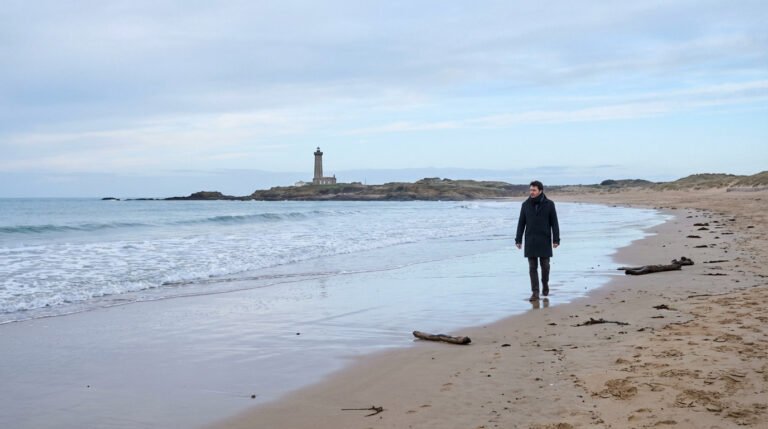 Homme marchant sur une plage de sable en hiver, mer agitée, phare de l'Armandèche sur une île rocheuse en arrière-plan.
