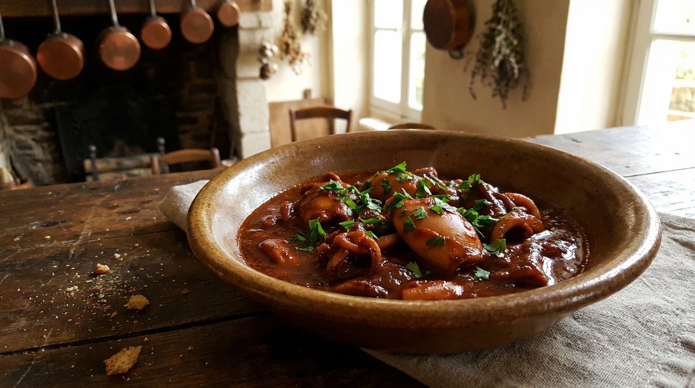 Bol de rata de seiche de Vendée garni de persil, sur une table en bois rustique dans une cuisine ancienne.