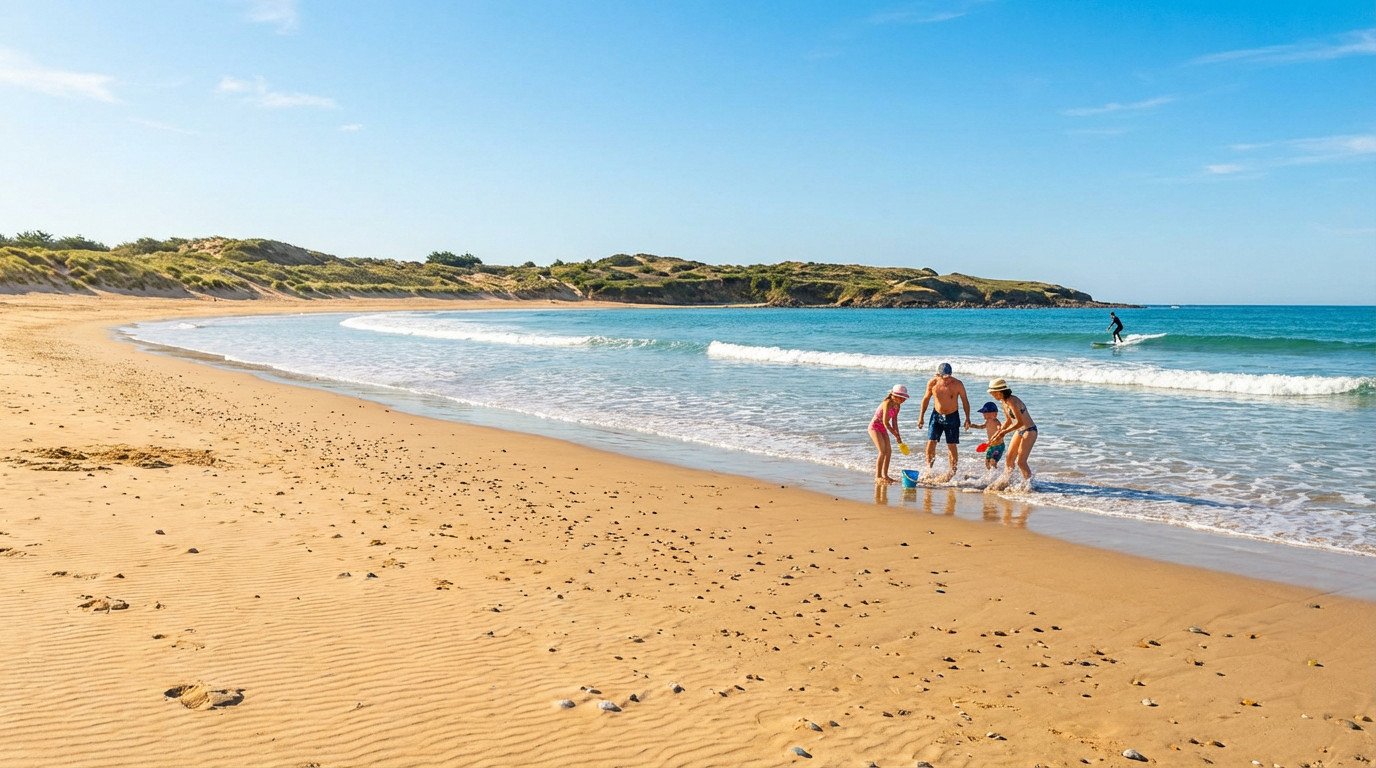 Famille (deux adultes, deux enfants) joue dans l'eau sur une plage de sable fin et dunes, sous un ciel bleu. Un surfeur est visible.