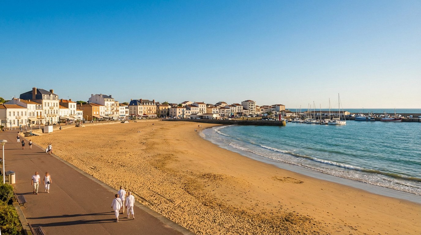 Plage des Sables d'Olonne avec promenade, bâtiments traditionnels et port de plaisance animé, sous un ciel bleu éclatant.