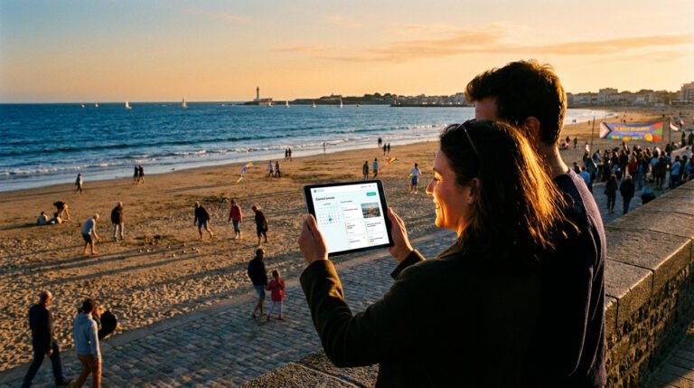 Couple consultant une tablette affichant un calendrier d'événements, avec la plage des Sables d'Olonne animée en arrière-plan au coucher du soleil.