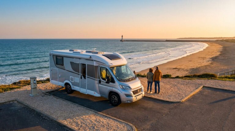 Un camping-car gris est garé près de la mer au coucher du soleil. Un couple contemple la plage et un phare lointain.