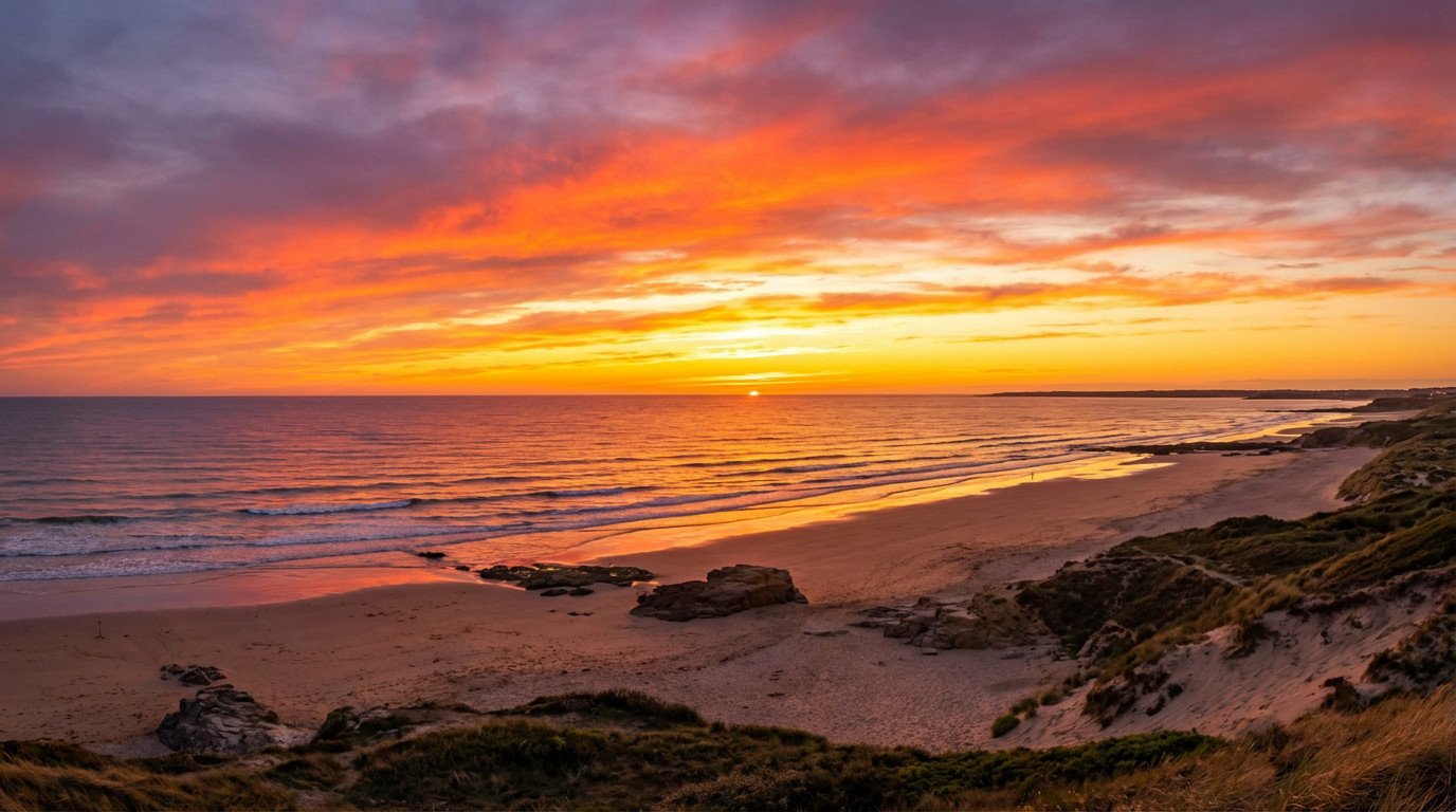Coucher de soleil spectaculaire sur une plage de sable avec l'océan reflétant le ciel vibrant orange, jaune et violet.