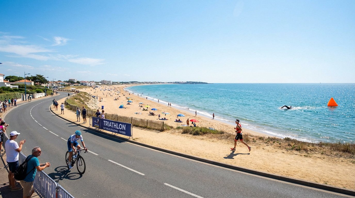 Vue d'un triathlon aux Sables d'Olonne. Cycliste, coureur et nageur en action, avec plage, spectateurs et ciel bleu en arrière-plan.