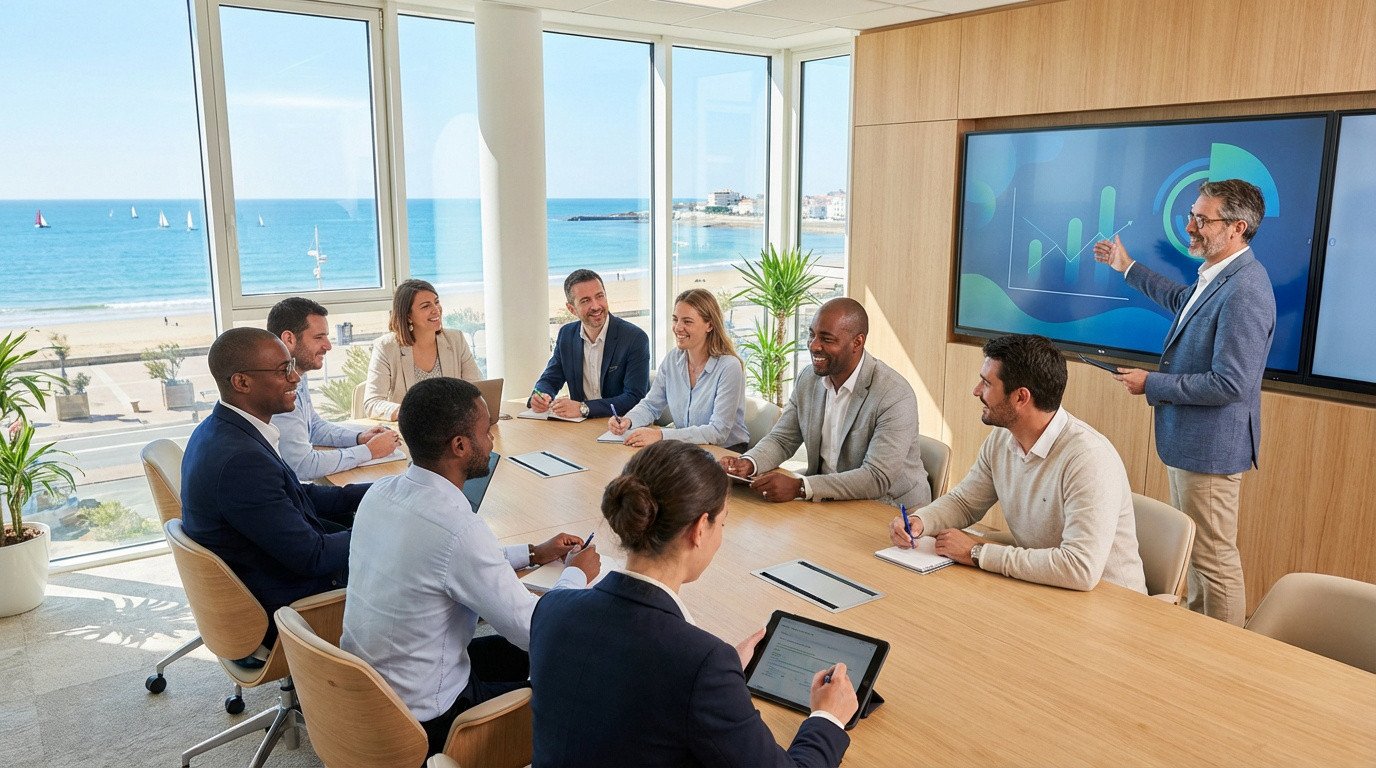 Participants à un séminaire professionnel, souriants, dans une salle lumineuse avec vue sur la mer. Un présentateur utilise un écran.