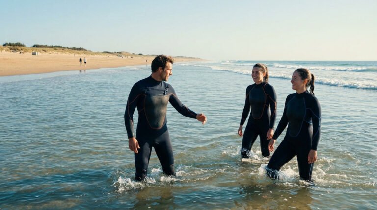 Un coach et deux pratiquantes de longe côte sourient et discutent dans l'eau peu profonde sur une plage ensoleillée.