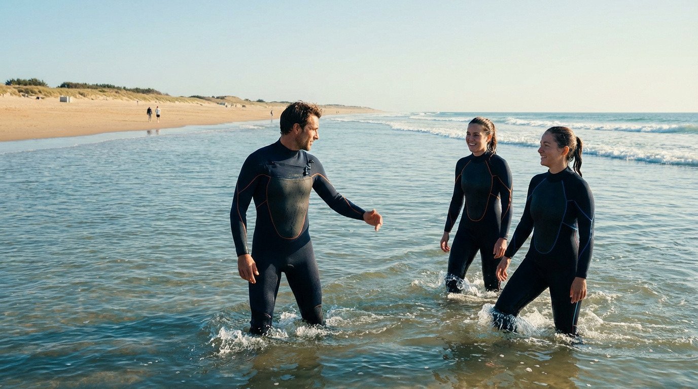 Un coach et deux pratiquantes de longe côte sourient et discutent dans l'eau peu profonde sur une plage ensoleillée.