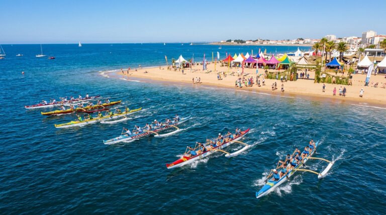 Vue aérienne d'une course de pirogues polynésiennes le long de la plage des Sables-d'Olonne sous un ciel ensoleillé.