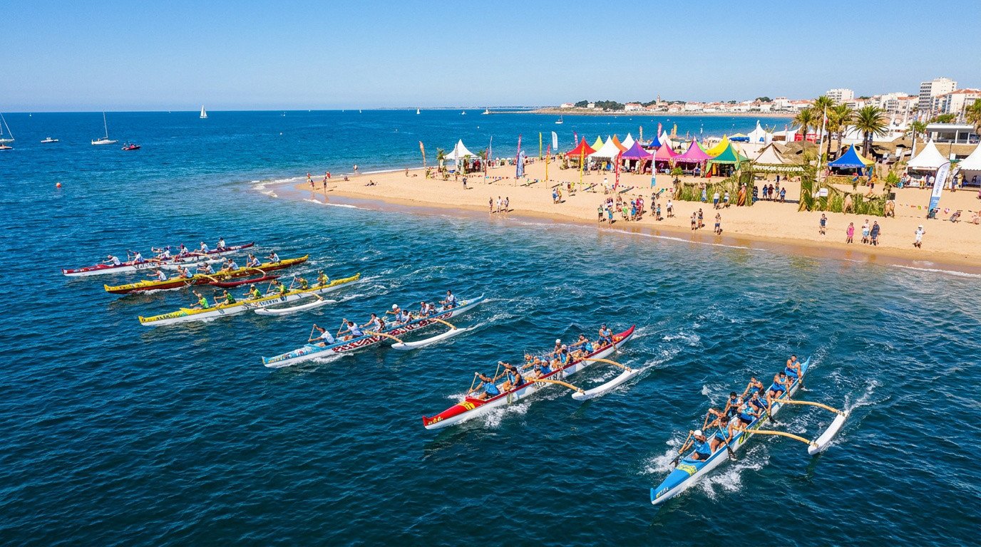 Vue aérienne d'une course de pirogues polynésiennes le long de la plage des Sables-d'Olonne sous un ciel ensoleillé.