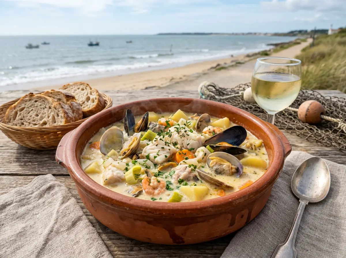 Ingrédients traditionnels chaudrée vendéenne poissons, légumes, vin blanc, beurre, crème