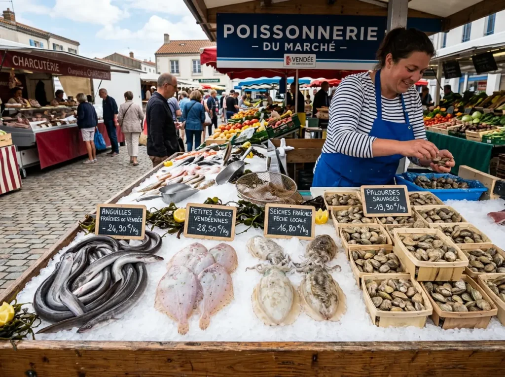 Poissons frais pour chaudrée vendéenne sur marché local anguilles, soles, seiches