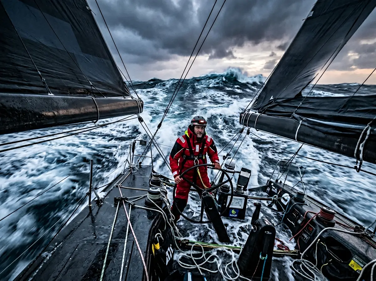 Voilier de course du Vendée Globe en pleine tempete