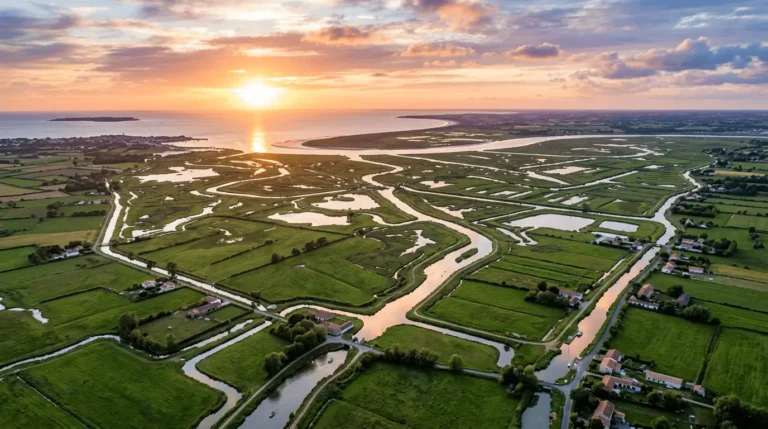 Vue aérienne marais breton vendéen canaux prairies humides coucher soleil