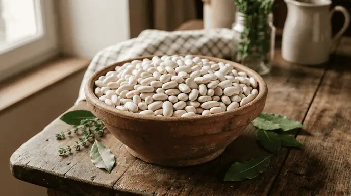 mogette de Vendée haricots blancs dans un bol en terre cuite