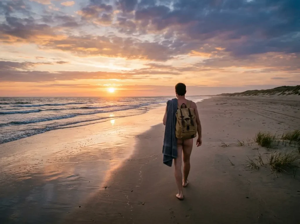 Personne avec serviette et sac de plage marchant sur sable sauvage en Vendée