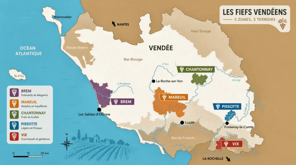 Carte des cinq zones de production des Fiefs Vendéens, Vendée