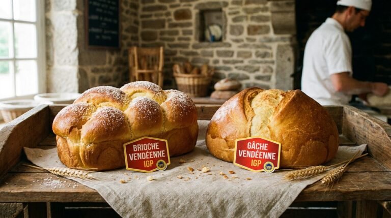 Gâche et brioche vendéenne IGP sur étal de boulangerie artisanale en Vendée