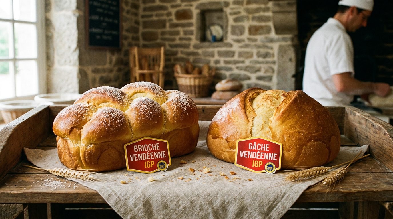 Gâche et brioche vendéenne IGP sur étal de boulangerie artisanale en Vendée